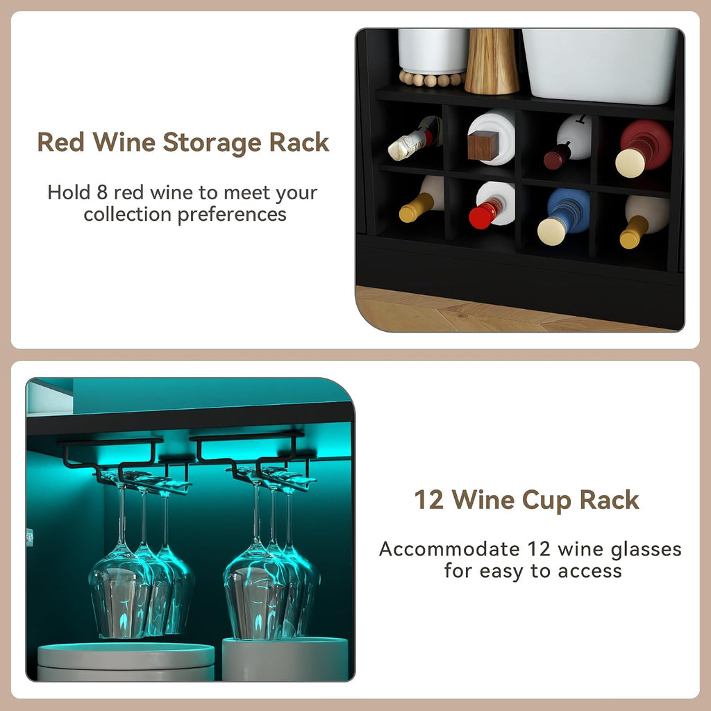 Wine Bar Cabinet with Led, Black Liquor Cabinet with Wine & Glass Rack
