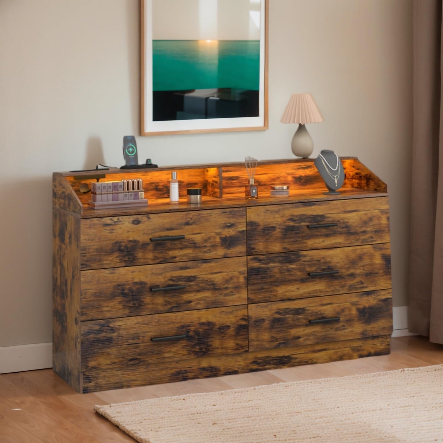 White Dresser for Bedroom, 6 Drawer Dresser with Charging Station, Chests of Drawers with LED Lights, Modern Double Dresser, Storage Cabinet with Drawers for Living Room, Hallway