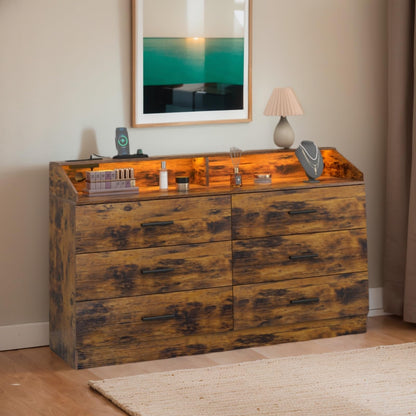 White Dresser for Bedroom, 6 Drawer Dresser with Charging Station, Chests of Drawers with LED Lights, Modern Double Dresser, Storage Cabinet with Drawers for Living Room, Hallway