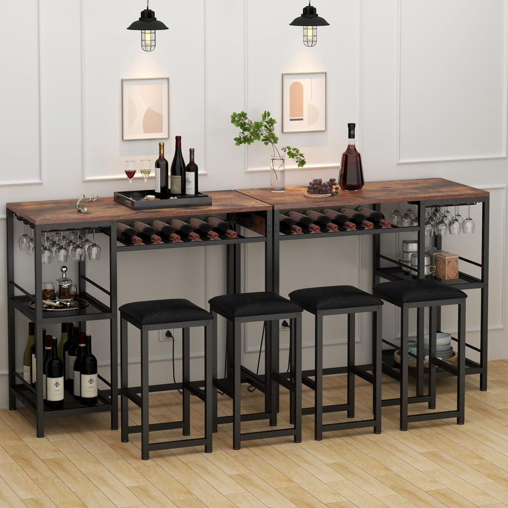 Bar Table and Chairs Set with Power Outlet, Pub Table and Chairs Set for 2 with 2 Storage Shelves, 3 Piece Table Set with Wine Rack&Glass Holder for Living Room,Dining Room,Small Apt (Rustic)