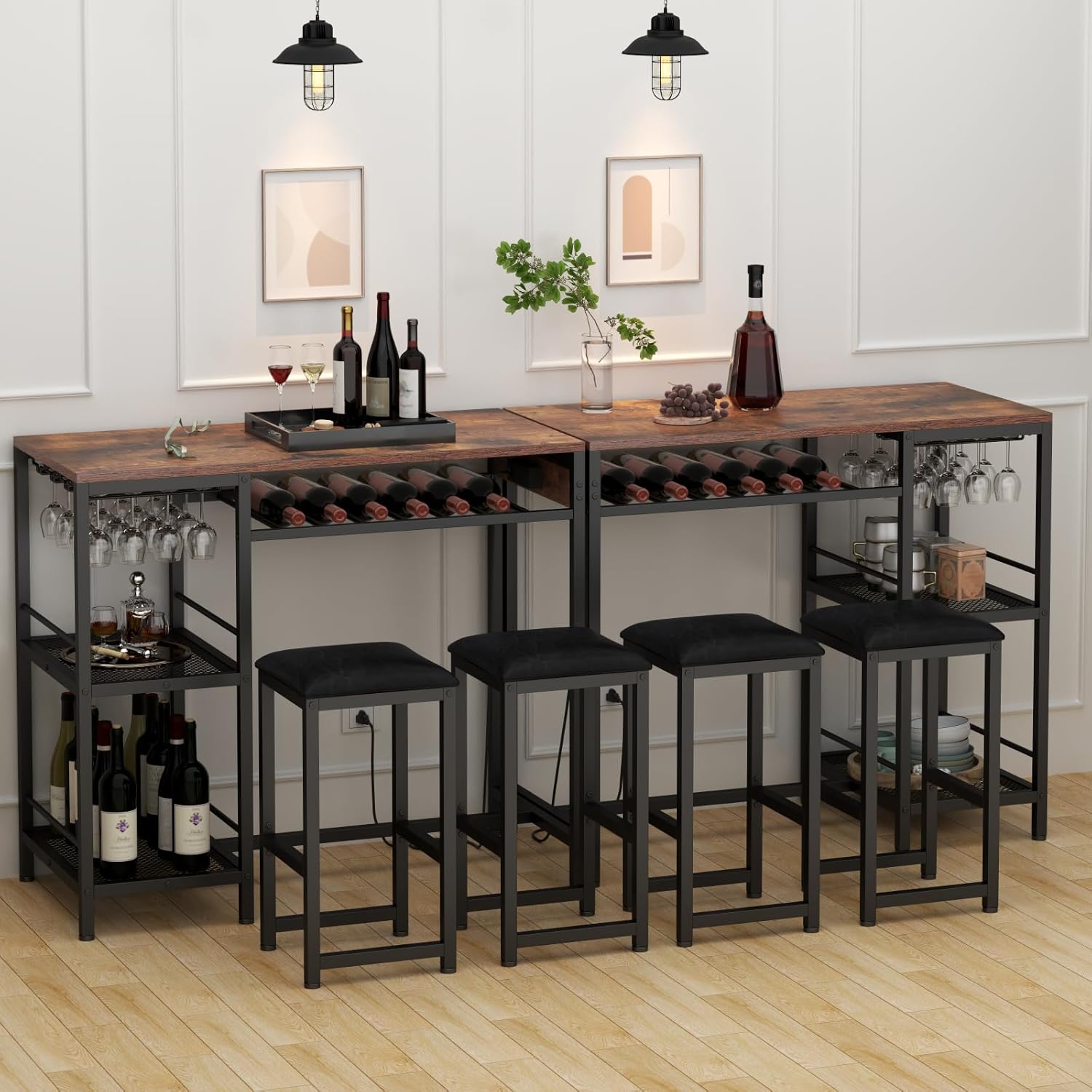 Bar Table and Chairs Set with Power Outlet, Pub Table and Chairs Set for 2 with 2 Storage Shelves, 3 Piece Table Set with Wine Rack&Glass Holder for Living Room,Dining Room,Small Apt (Rustic)