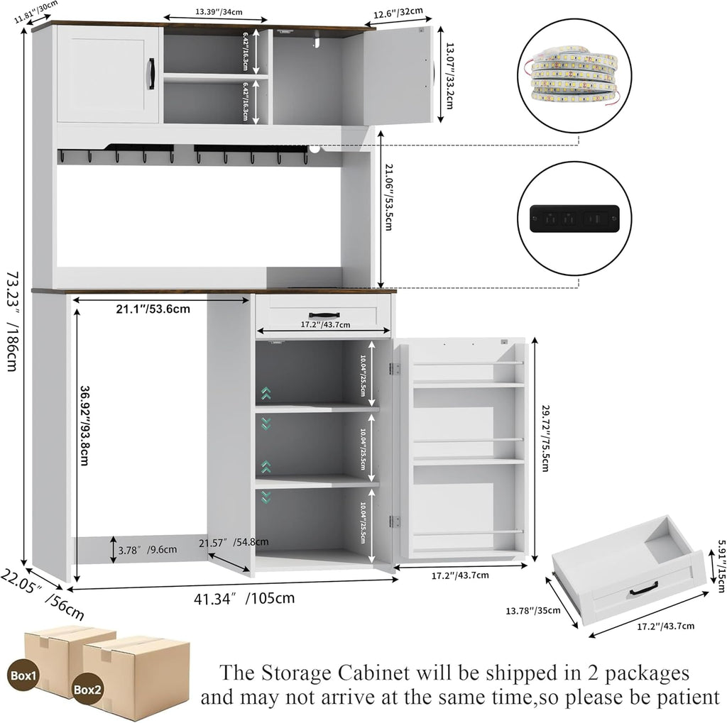 73'' Tall White Coffee Bar Cabinet with Fridge Space & Power Outlet & Led