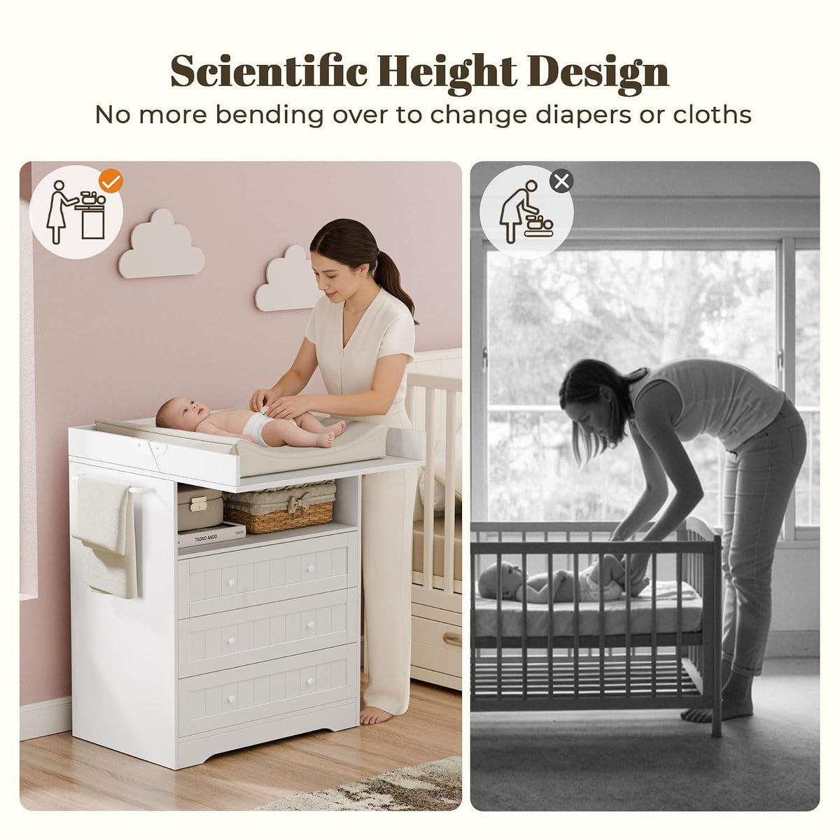 Baby Changing Table with Foldable Tabletop,White Baby Dresser with 3 Drawer