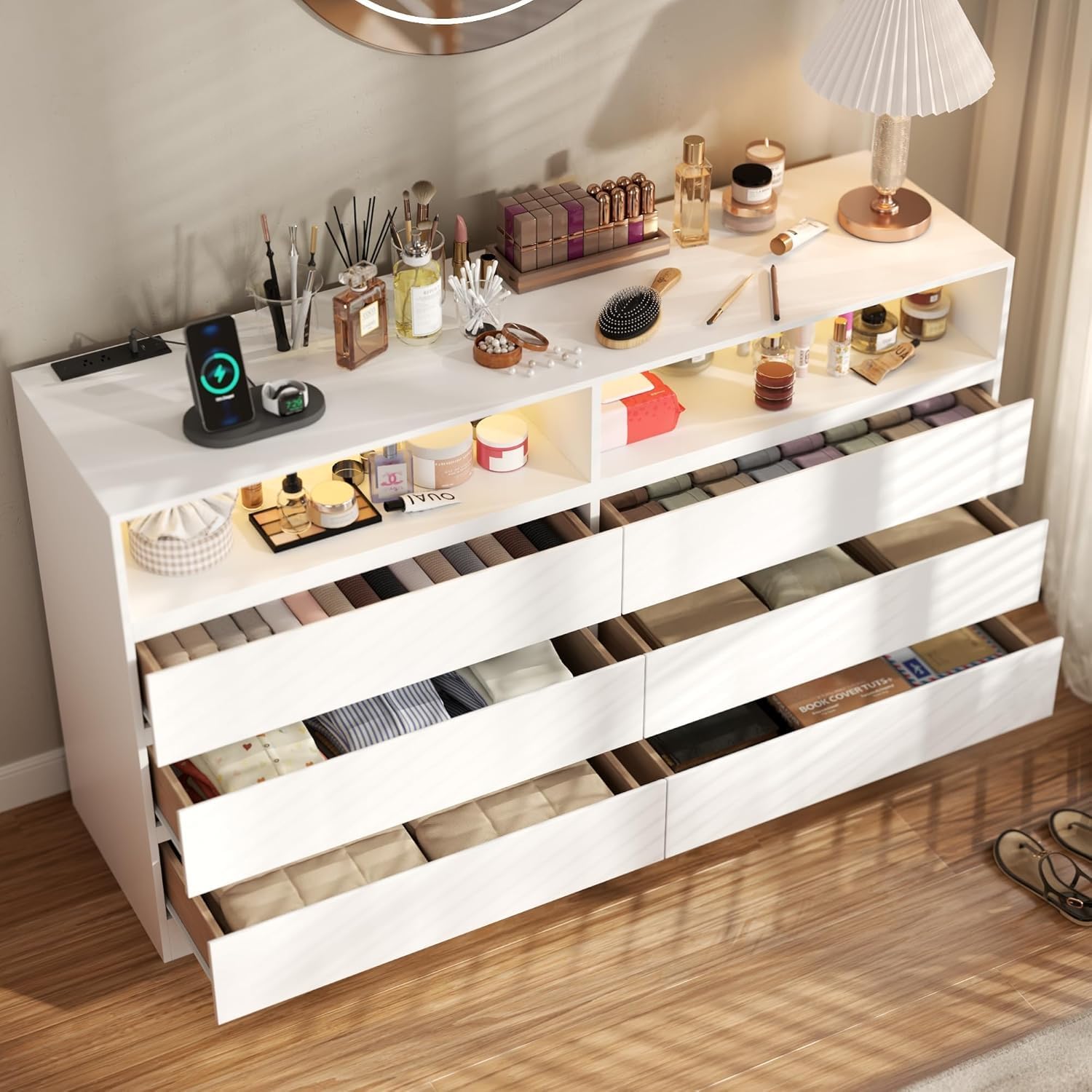 6 Drawer Dresser with Power Outlet, Modern White Dresser Chest of Drawers with LED Ligh, Wooden Dressers TV Stand, Double Wide Dressers Organizer for Bedroom, Living Room, Entryway
