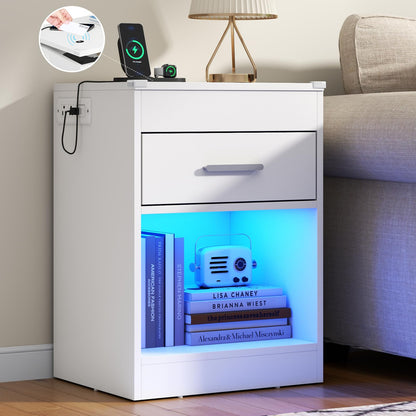 White Nightstand Set of 2 with Charging Station & RFID Lock Cabinet, Hidden Night Stand with LED Lights, Modern Bedside Table with Drawer & Valuables Storage, Secret Concealment Nightstand for Bedroom