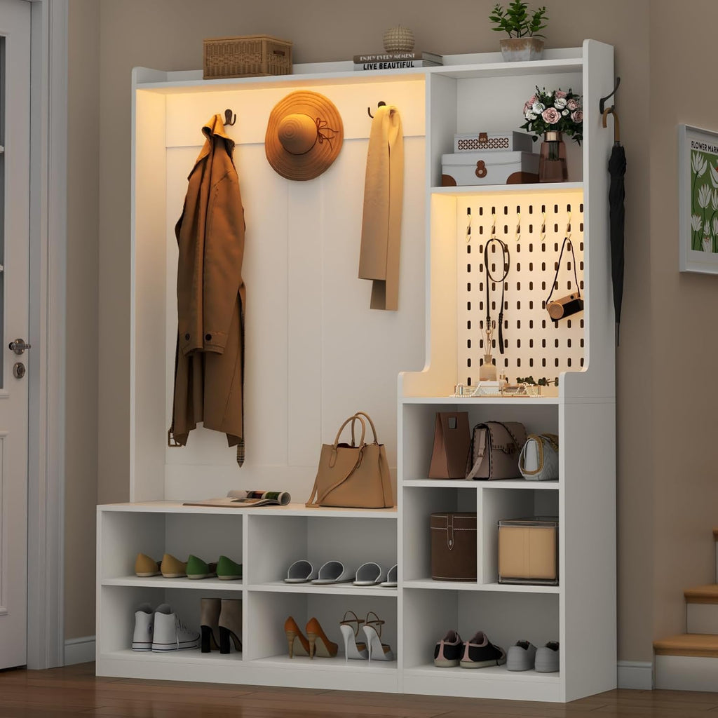 Hall Tree with Shoe Storage, Entryway Bench with Coat Rack & LED Lights, Modern Hall Trees with 9 Cubbies & 5 Hooks, Mudroom Coat Rack Cabinet, White