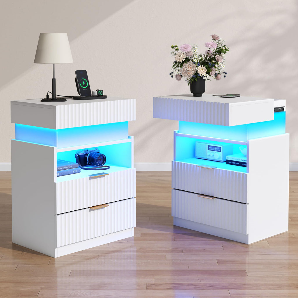 Nightstand Set of 2 with Charging Station and LED Lights, Fluted Night Stand with 2 Drawers &Open Shelf,Modern Bedside Table w/Hidden Compartment for Bedroom,End Side Table for Living Room (2, Black)
