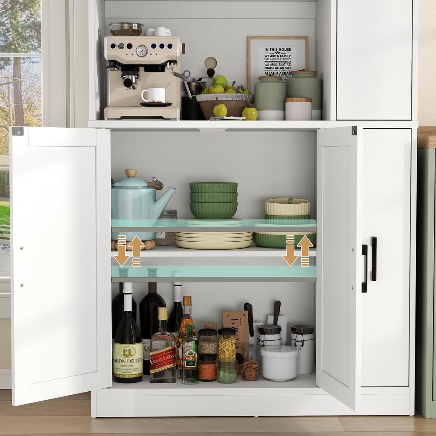 68" Tall Kitchen Pantry Cabinet with Side Drawer, Kitchen Pantry Storage Cabinet with Glass Door,Freestanding Food Hutch with Microwave Stand for Dining Room (White)