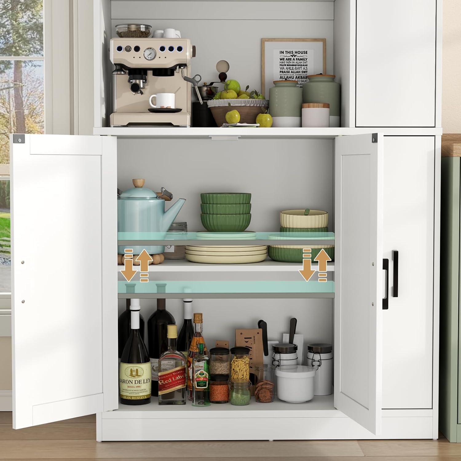 68" Tall Kitchen Pantry Cabinet with Side Drawer, Kitchen Pantry Storage Cabinet with Glass Door,Freestanding Food Hutch with Microwave Stand for Dining Room (White)