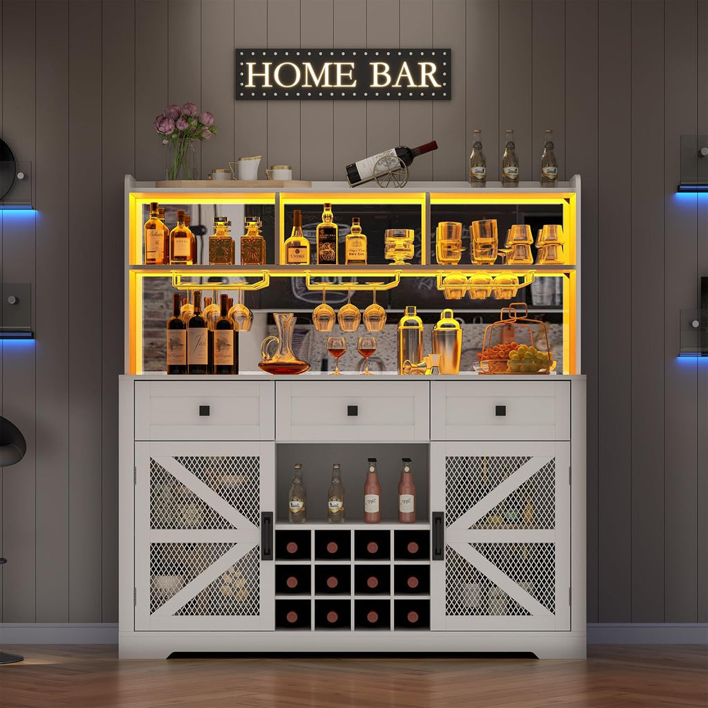 Farmhouse Wine Bar Cabinet with LED Lights, Kitchen Coffee Bar Cabinet with Acrylic Mirror, Wine & Glass Rack, Storage Shelves and 3 Drawers (2-Tier Hutch)