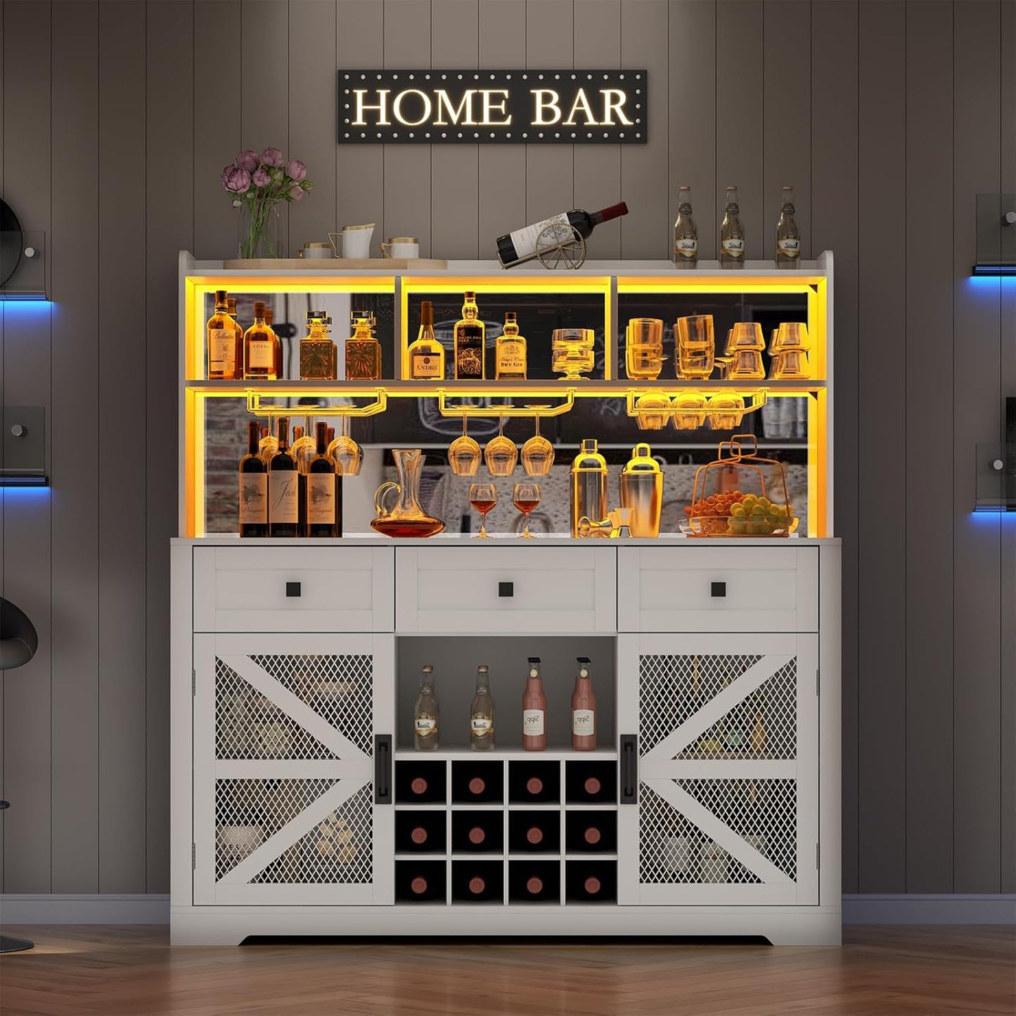 Farmhouse Wine Bar Cabinet with LED Lights, Kitchen Coffee Bar Cabinet with Acrylic Mirror, Wine & Glass Rack, Storage Shelves and 3 Drawers (2-Tier Hutch)