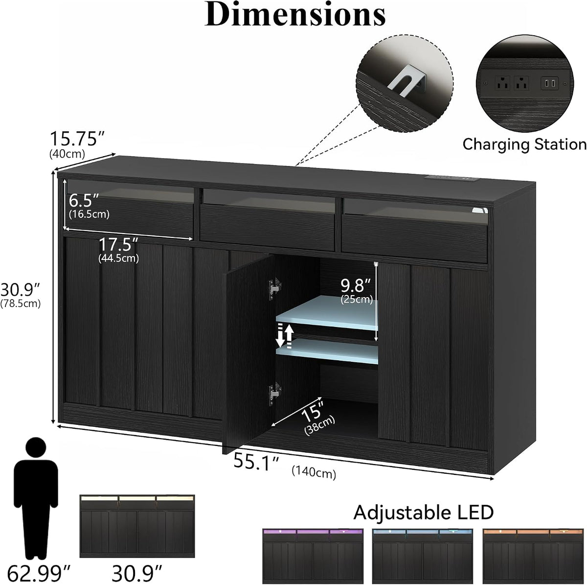 55'' Modern Buffet Cabinet with Outlet & Led, Black Sideboard with Drawer