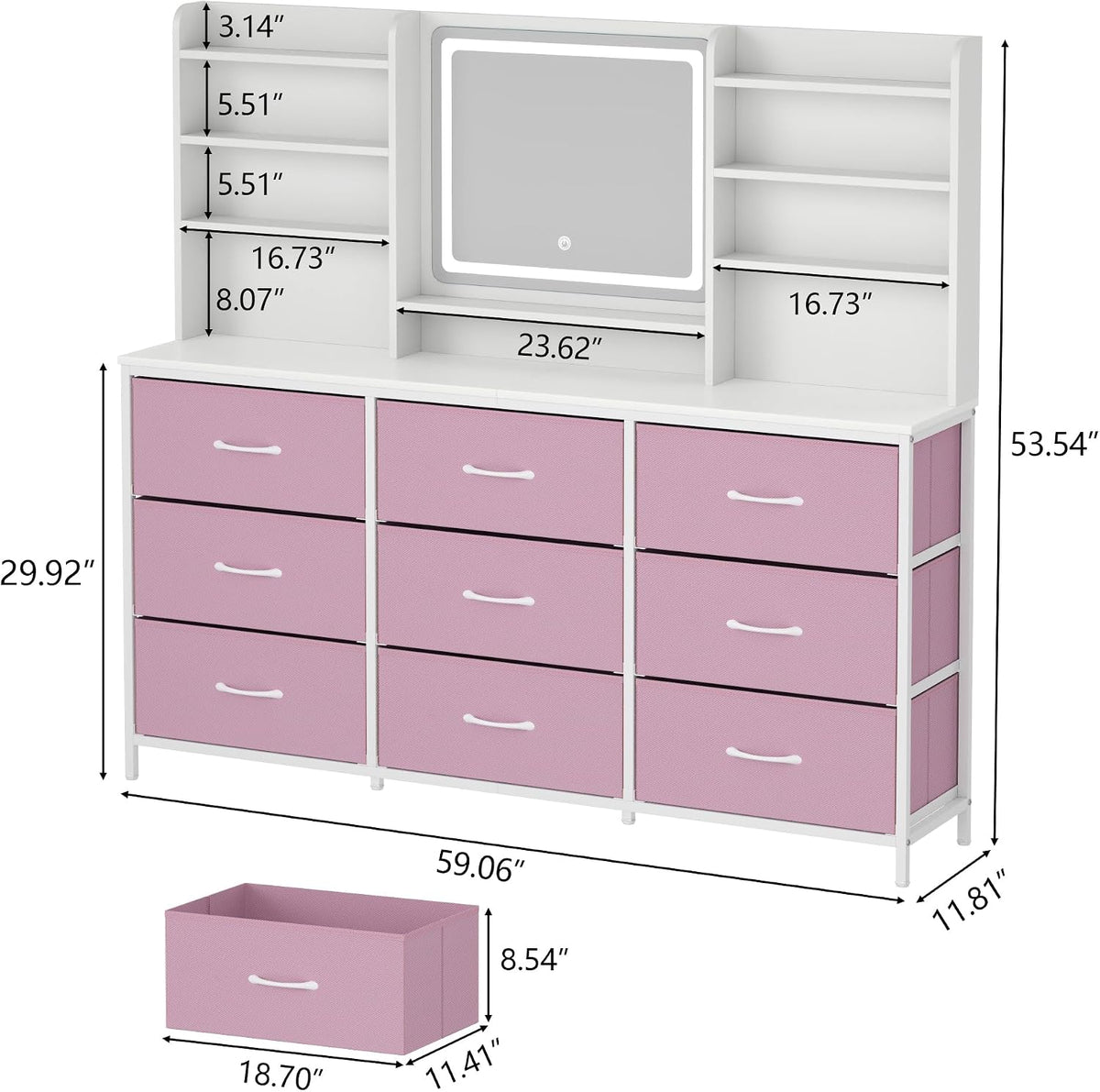 9 Drawers Dresser with LED Mirror for Bedroom, 59" W Chest of Drawers