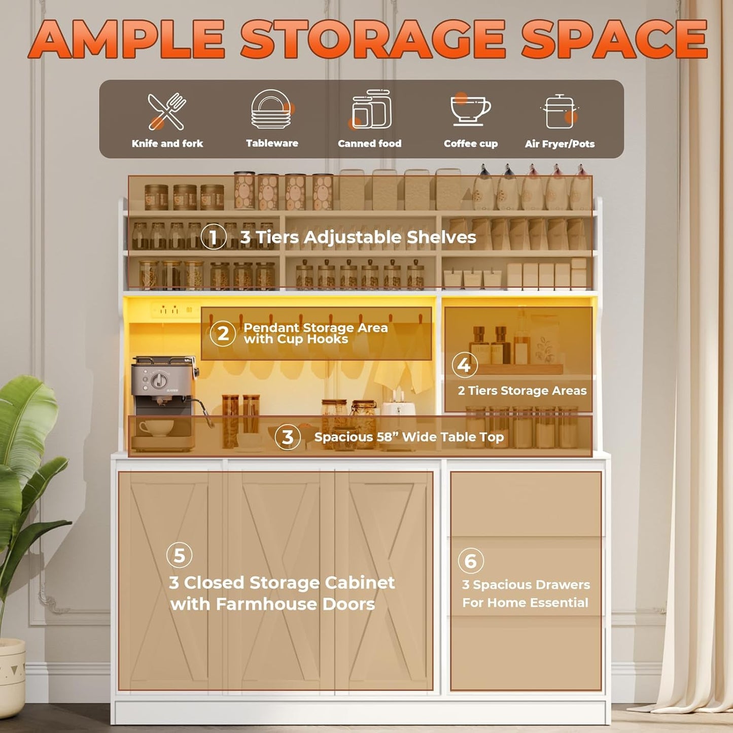 Farmhouse Kitchen Pantry Cabinet with Power Outlet & LED Light, Large Coffee Bar Cupboard with Microwave Stand, 3 Doors & 3 Drawers, 7 Cup Holders & 8 Open Cubbies, Adjusted Shelves (White)