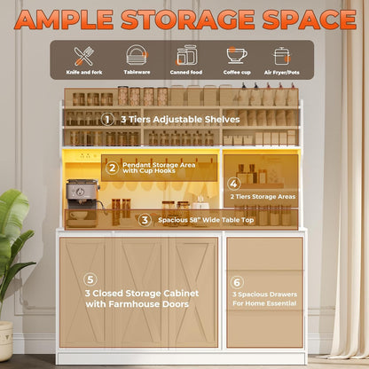 Farmhouse Kitchen Pantry Cabinet with Power Outlet & LED Light, Large Coffee Bar Cupboard with Microwave Stand, 3 Doors & 3 Drawers, 7 Cup Holders & 8 Open Cubbies, Adjusted Shelves (White)