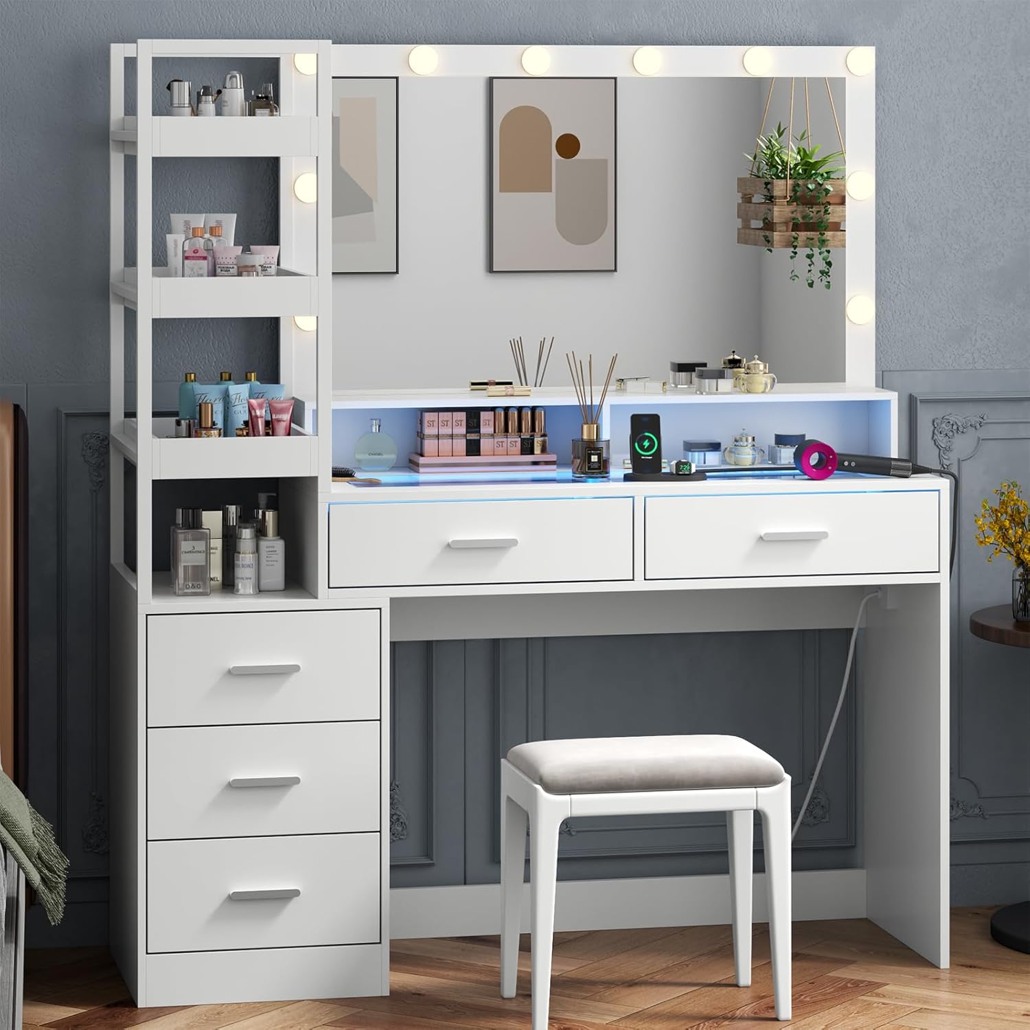 White Vanity Desk with Mirror and Lights, 8 Drawer Makeup Vanity Table with Glass Top, Power Outlets and RGB Lights, Women & Girls Dressing Table with Lighted Mirror（Stool Not Included）
