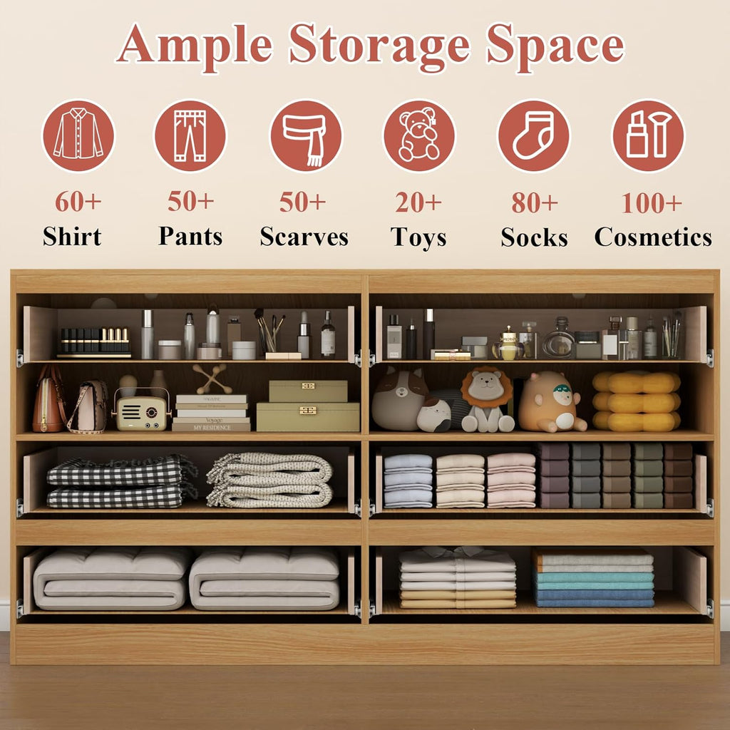 6 Drawer Dresser with Power Outlet & LED Light, Modern Chest of Drawers with 2 Open Cubbies, Double Wide Drawer Dresser Organizer, TV Stand for Bedroom, Entryway (White & Light Wood)