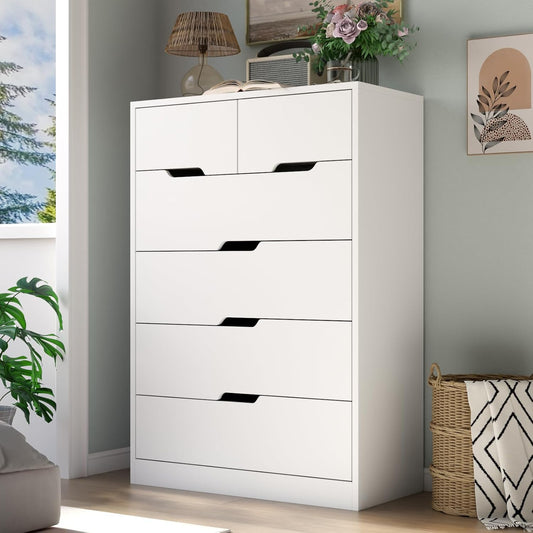 White 6 Drawer Dresser, Tall White Dresser for Bedroom, Modern Chest of Drawers for Living Room, Wooden Drawer Storage Cabinet, 5-Layer Large Capacity Clothing Organizer for Closet, Hallway