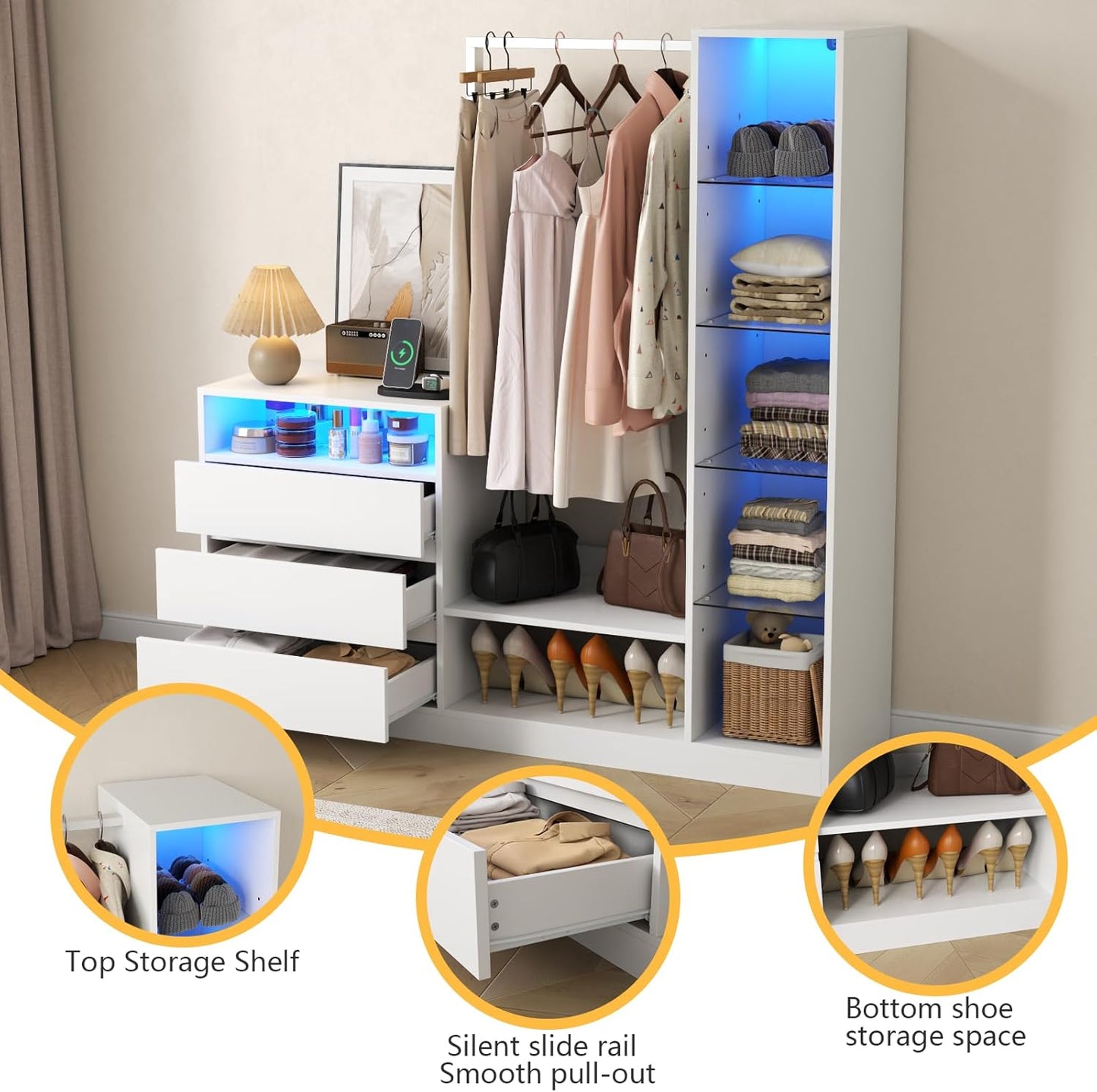 Dresser with Hanging Rack, 3 Drawers Dresser with Charging Station & LED Lights, 55" Chest of Drawers with Open Storage & Adjustable Shelves for Clothes, White Modern Dresser for Bedroom, Closet