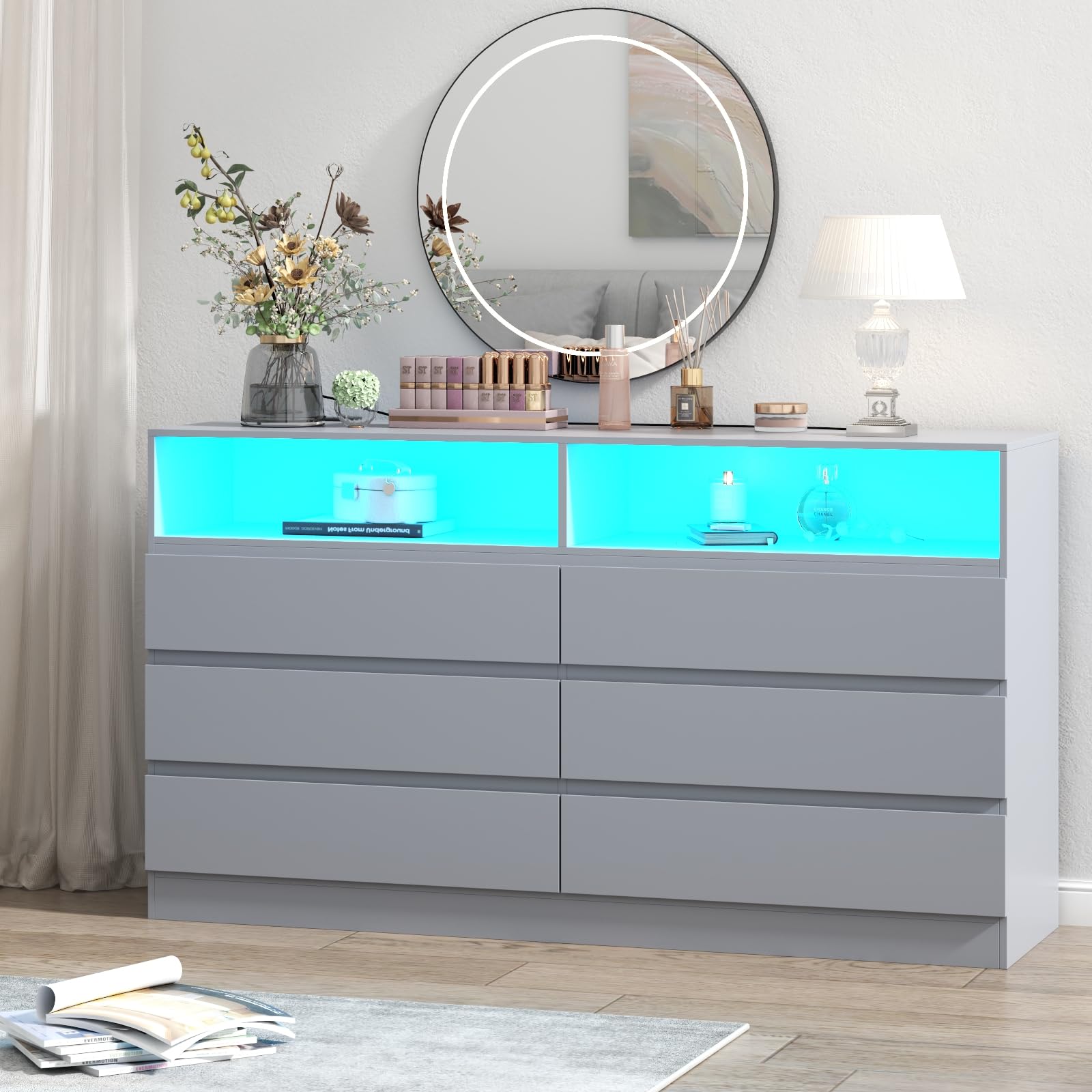 6 Drawer Double Dresser with Power Outlet, Accent Chests of Drawers with LED Light, Modern White Storage Dresser with Charging Station (Mirror Not Included)