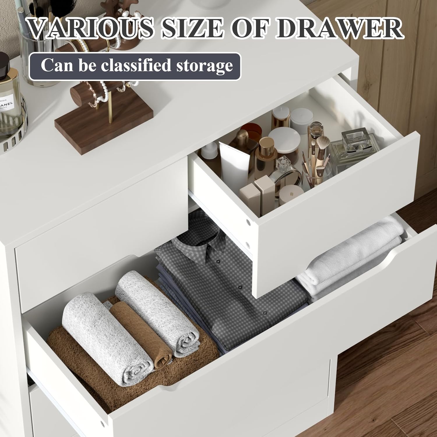 White 6 Drawer Dresser, Tall White Dresser for Bedroom, Modern Chest of Drawers for Living Room, Wooden Drawer Storage Cabinet, 5-Layer Large Capacity Clothing Organizer for Closet, Hallway