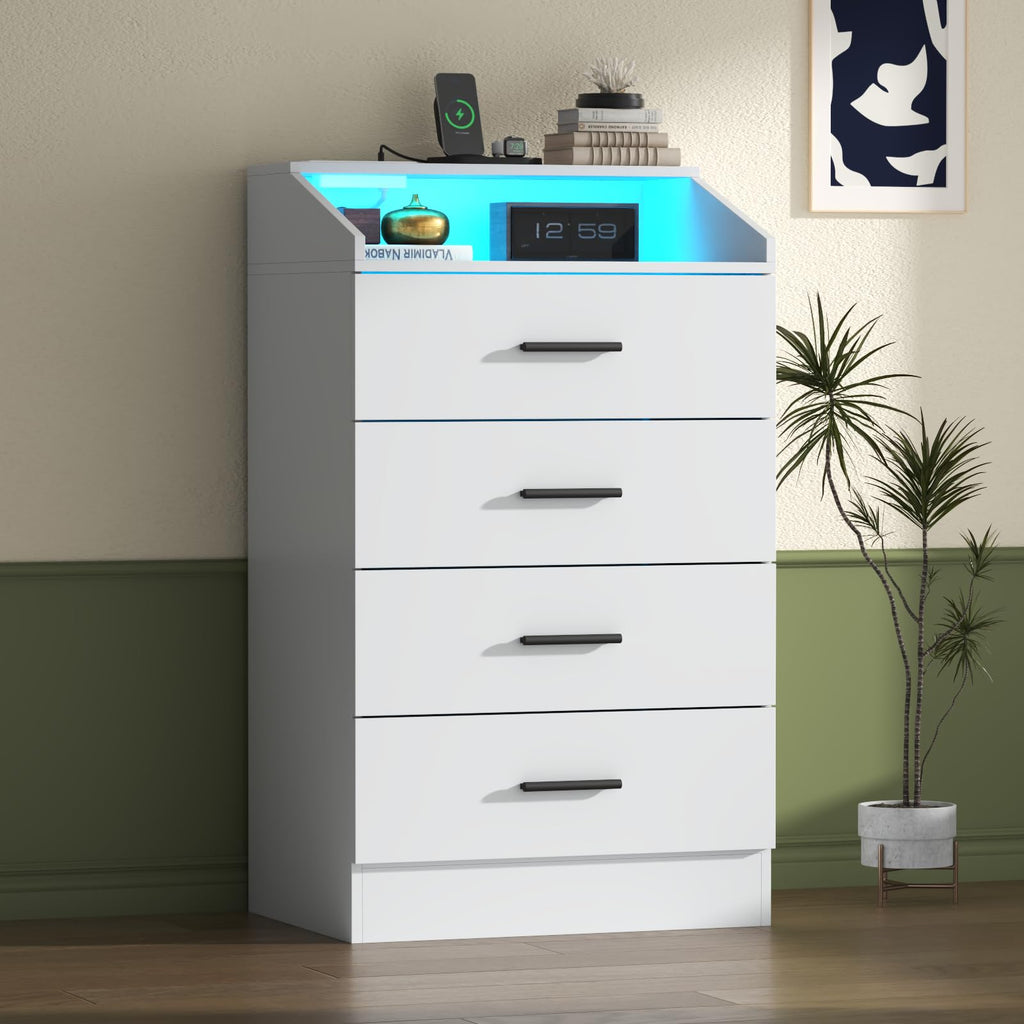 3 Drawer Dresser for Bedroom with Power Outlet, White Dresser with LED Light, Modern Dressers with Open Storage Cubby, Chest of Drawers Storage Organizer for Hallway, Living Room (White)…