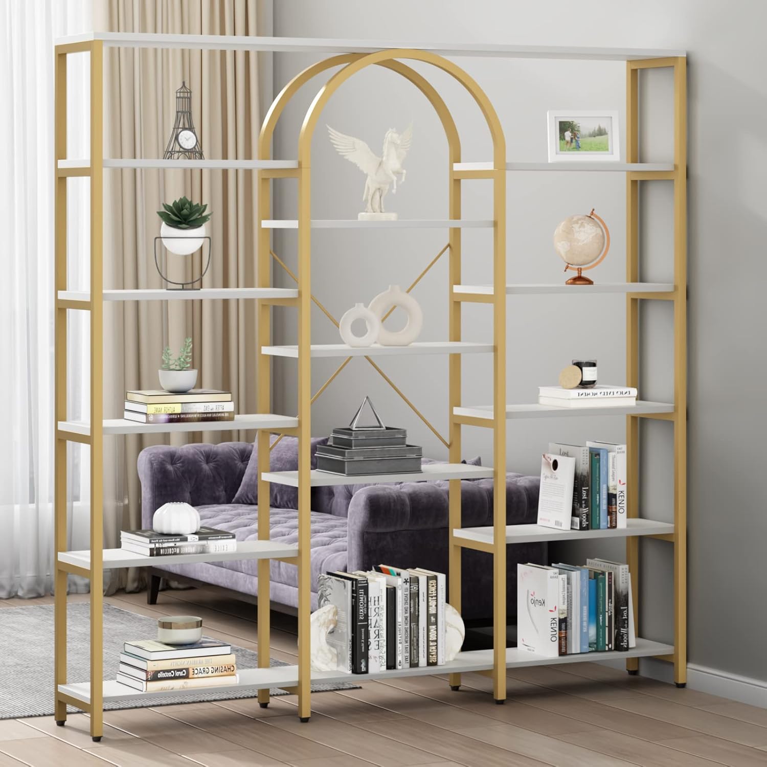 Triple Wide Gold Bookshelf, 70.87" W x 71.34" H Large Modern Etagere Bookcase, Tall Display Shelf with 13-Tier Open Shelves, Freestanding Staggered Storage Shelf for Home Office (White/Gold)
