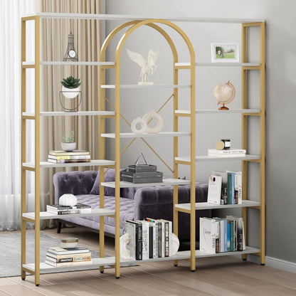 Triple Wide Gold Bookshelf, 70.87" W x 71.34" H Large Modern Etagere Bookcase, Tall Display Shelf with 13-Tier Open Shelves, Freestanding Staggered Storage Shelf for Home Office (White/Gold)