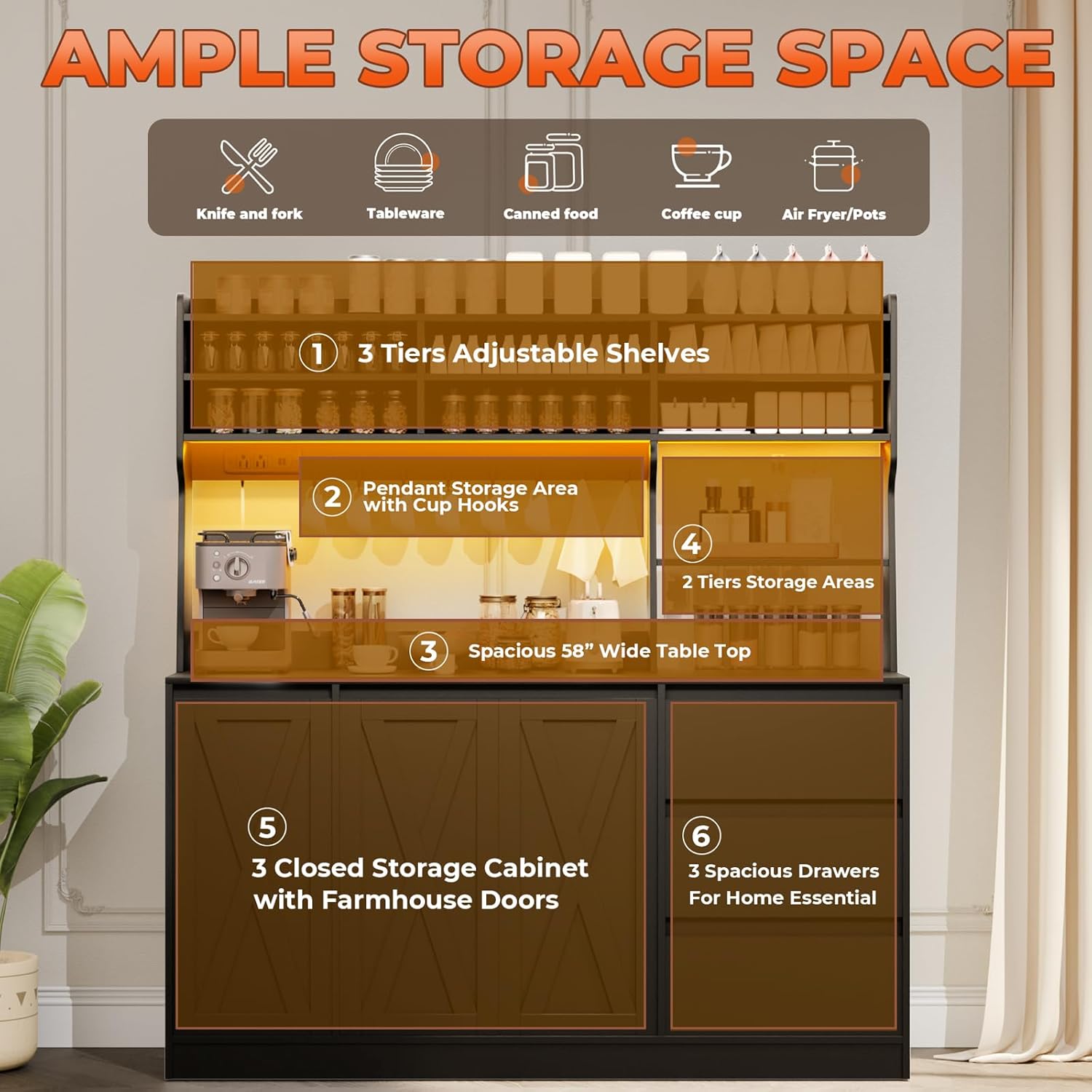 Farmhouse Kitchen Pantry Cabinet with Power Outlet & LED Light, Large Coffee Bar Cupboard with Microwave Stand, 3 Doors & 3 Drawers, 7 Cup Holders & 8 Open Cubbies, Adjusted Shelves (Black)