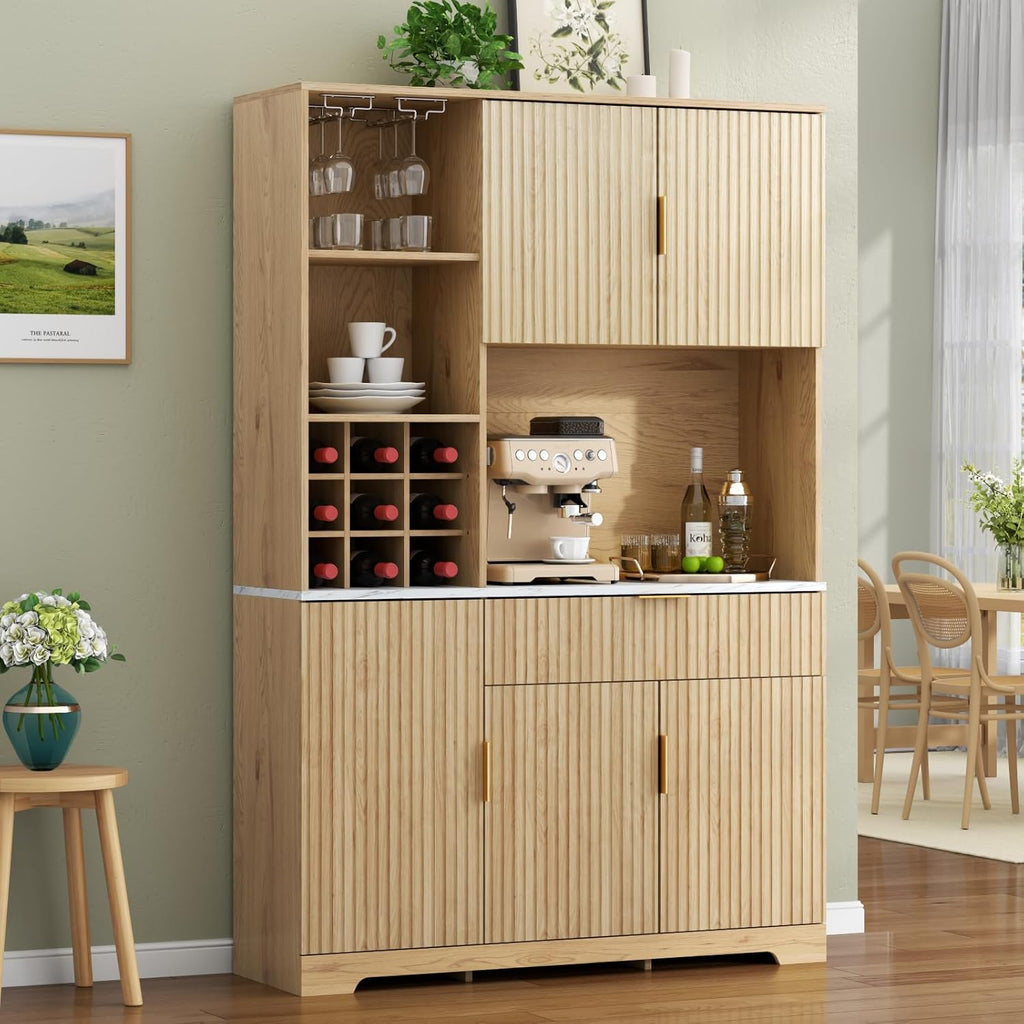 Loomie 72” Tall Kitchen Pantry Cabinet, Fluted Storage Cabinet with Microwave Stand, Wine Bar Cabinet with Storage Hutch, Buffet Sideboard with Drawer & Wine Rack for Dining Room, Natural (Natural)