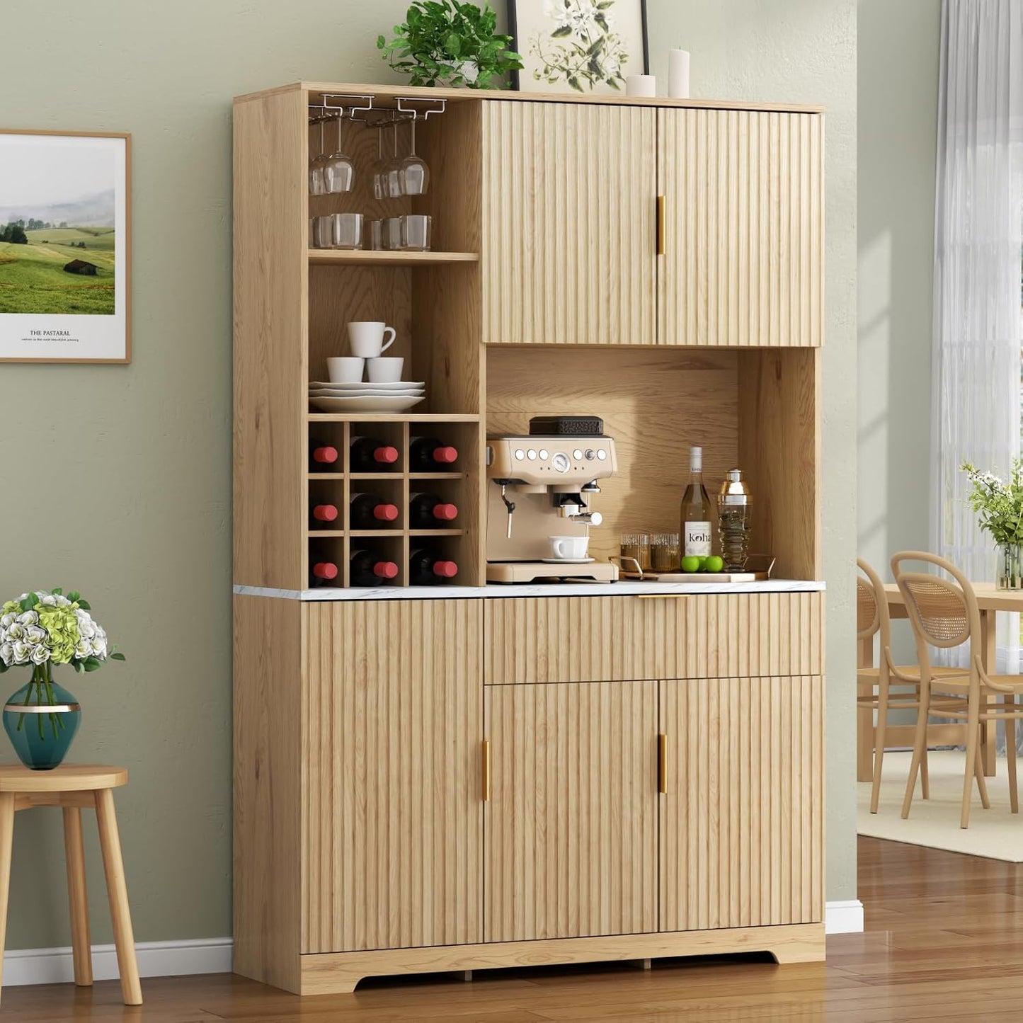 Loomie 72” Tall Kitchen Pantry Cabinet, Fluted Storage Cabinet with Microwave Stand, Wine Bar Cabinet with Storage Hutch, Buffet Sideboard with Drawer & Wine Rack for Dining Room, Natural (Natural)