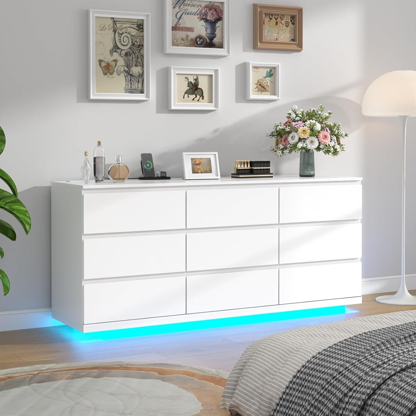 9 Drawer Dresser with Power Outlet and LED Lighting, Floating White Dresser Chest of Drawers, The Modern Organizer for Bedroom & Living Room (White)