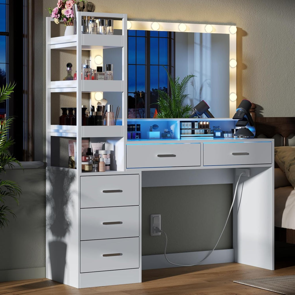 White Vanity Desk with Mirror and Lights, 8 Drawer Makeup Vanity Table with Glass Top, Power Outlets and RGB Lights, Women & Girls Dressing Table with Lighted Mirror（Stool Not Included）