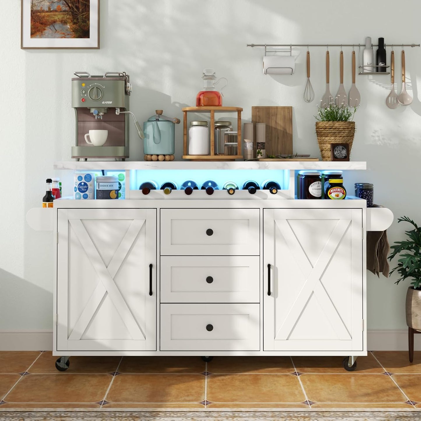 Kitchen Island with Storage, 55" Kitchen Island on Wheels with LED Lights & 3 Drawers,Rolling Kitchen Cart with Spice Rack & Towel Rack, Large Mobile Islands Table for Kitchen, White