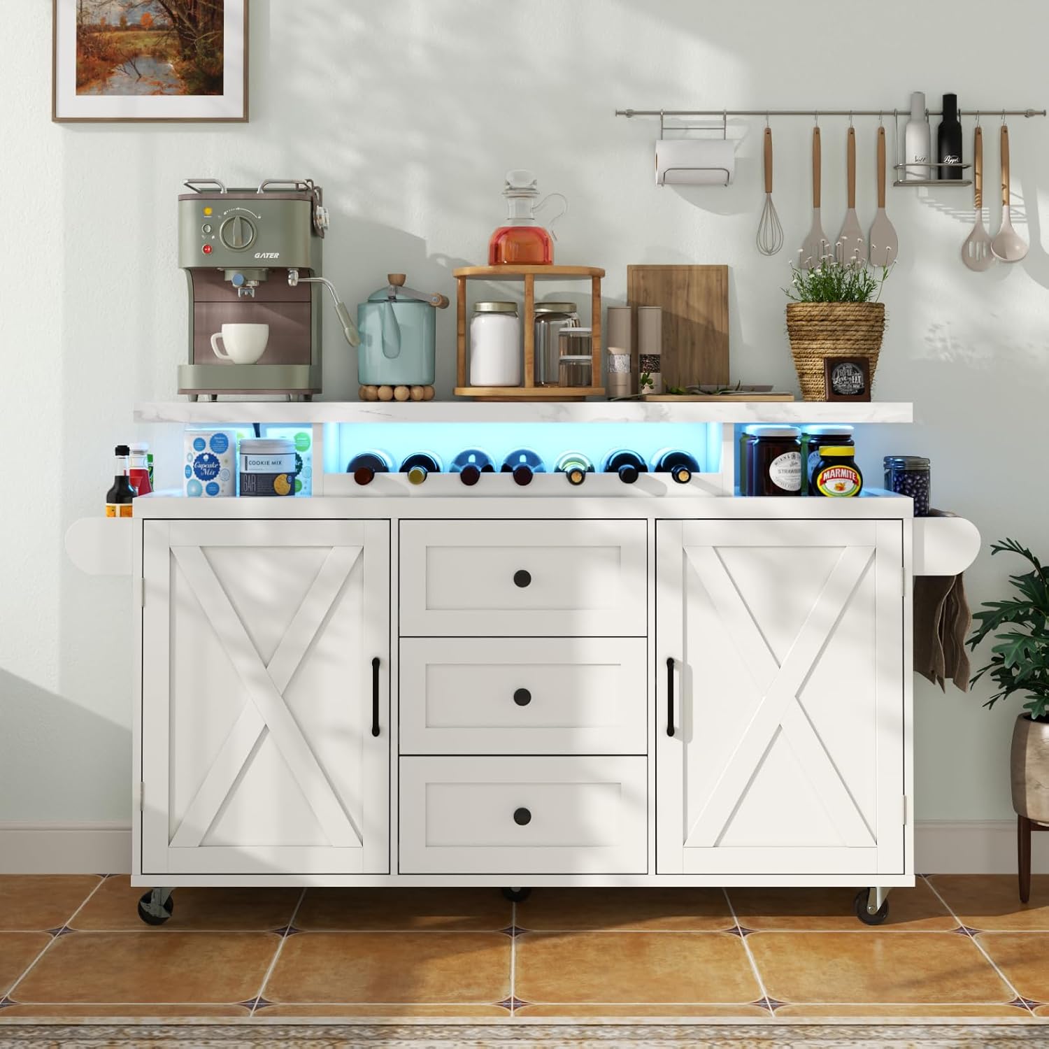 Kitchen Island with Storage, 55" Kitchen Island on Wheels with LED Lights & 3 Drawers,Rolling Kitchen Cart with Spice Rack & Towel Rack, Large Mobile Islands Table for Kitchen, White