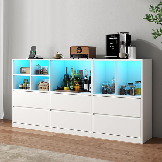 White Dresser for Bedroom with 6 Drawers, Chest of Drawers with Led Lights&Charging Station, 63" Long Dresser with 7 Open Cubbies, Storage Drawers for Living Room, Closet, Hallway (White)