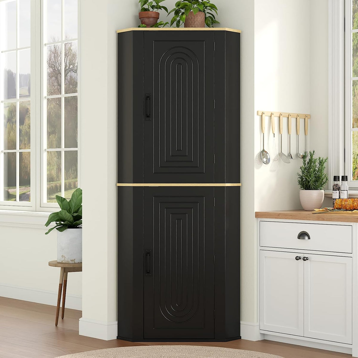 Gyfimoie Corner Cabinet, Freestanding Kitchen Pantry Storage Cabinet, Black