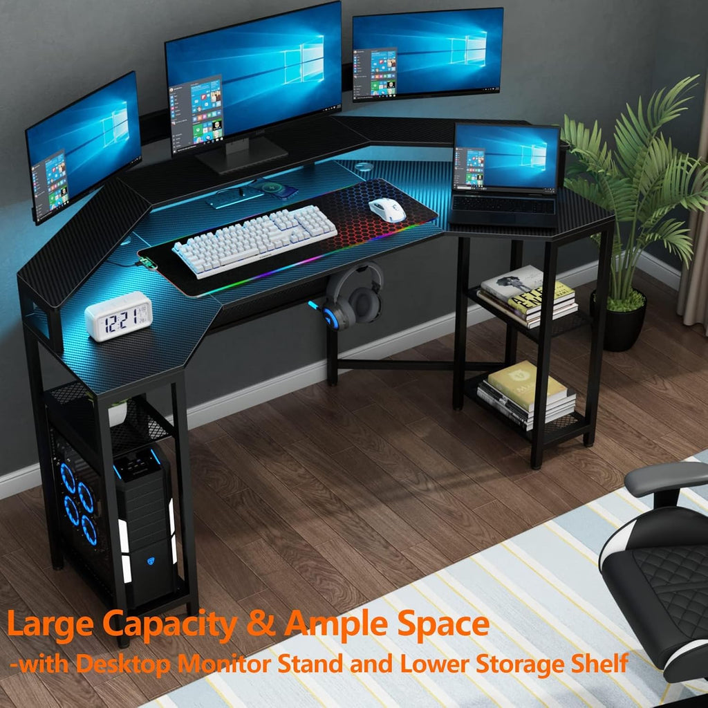 Gaming Desk with Power Outlets & LED Lights, 63" Wing-Shaped Computer Desk with Full Monitor Stand,Wireless Charging,Shelves,RGB Mouse Pad, Studio Desk Corner Desk with Headphone Hook (Black)