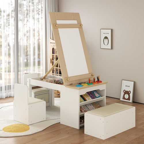 3 in 1 Kids Art Table and Chair Set, Art Desk & Easel w/ Storage Shelves, Drawers, Paint Cups, Paper Roll, Toddler Table and Chair Set w/ Bench & 2 Chairs for Draw, Write, Play, Crafts (Light Walnut)
