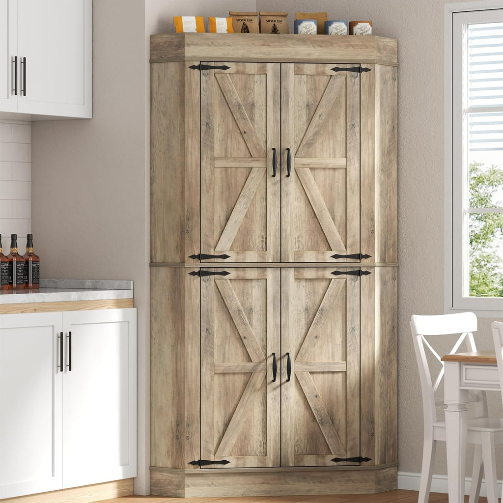 Corner Cabinet,Kitchen Pantry Storage Cabinet,Freestanding Buffet Hutch with 4 Doors and Shelves,Tall Food Pantry Farmhouse Furniture with Side Rack for Kitchen Dining Room(Retro)