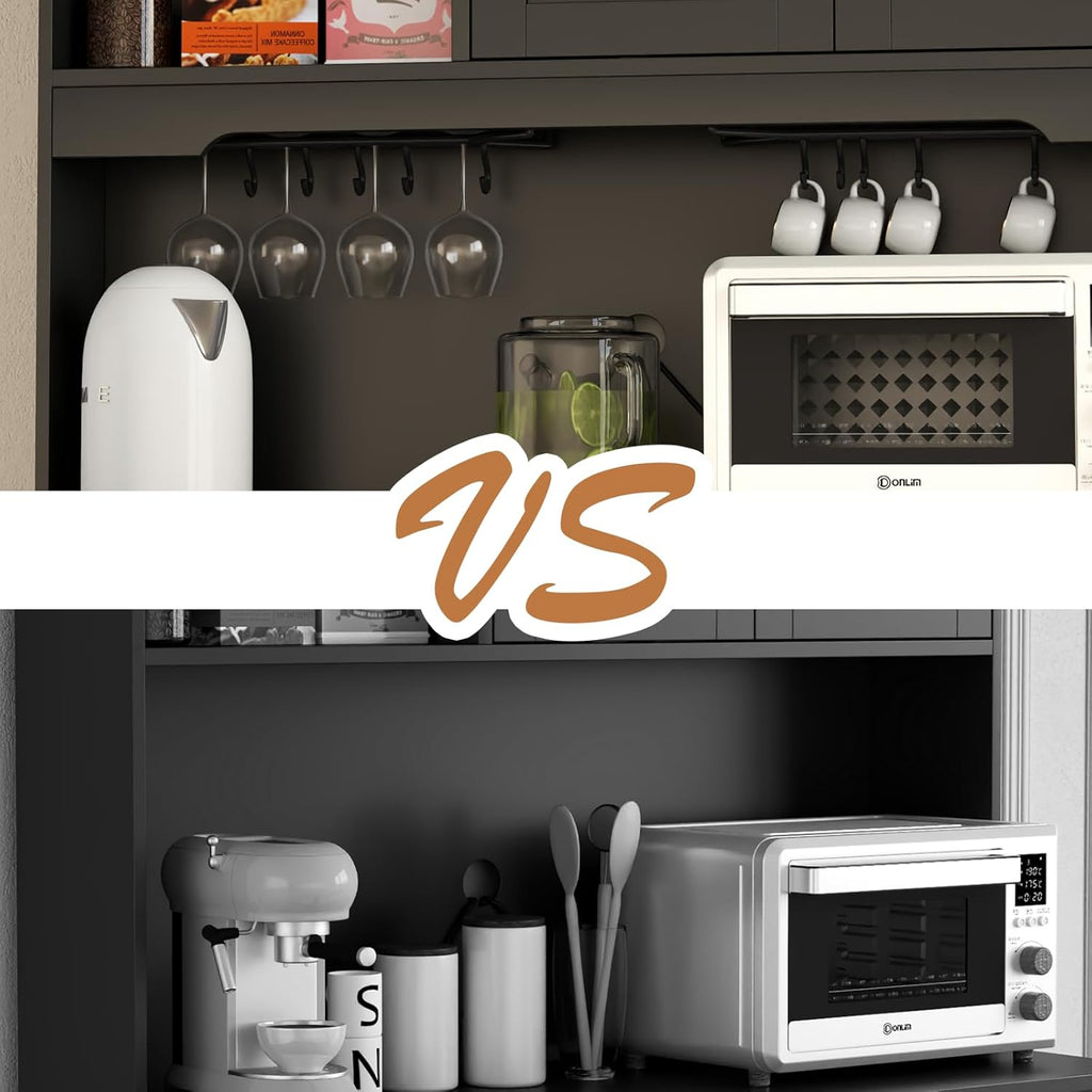 Kitchen Pantry Storage Cabinet,Freestanding Buffet Cabinet with Wine Glass Holder and 2 drawers,Food Pantry with Doors and Shelves,Tall Kitchen Hutch with Microwave Stand for Kitchens (Black)