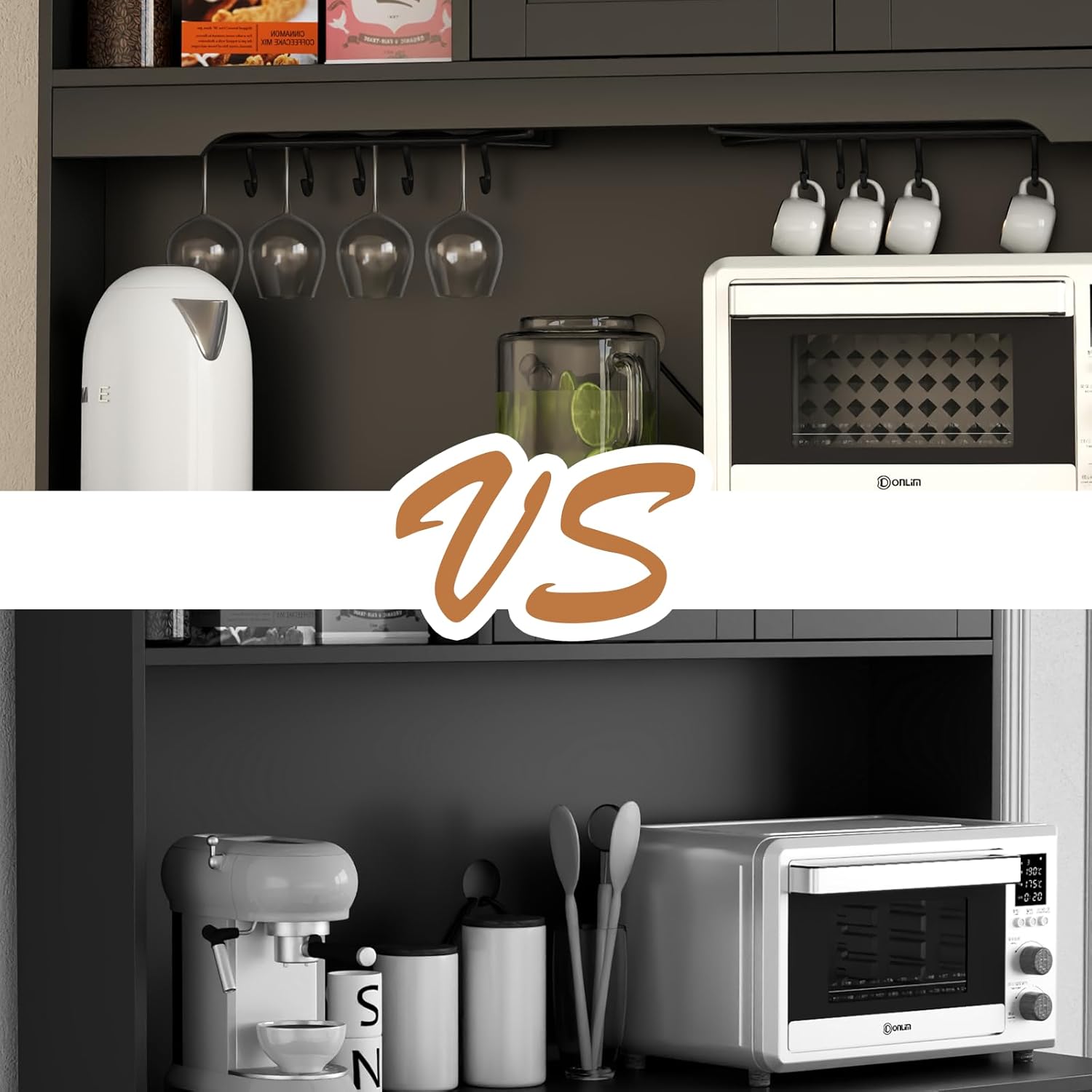 Kitchen Pantry Storage Cabinet,Freestanding Buffet Cabinet with Wine Glass Holder and 2 drawers,Food Pantry with Doors and Shelves,Tall Kitchen Hutch with Microwave Stand for Kitchens (Black)