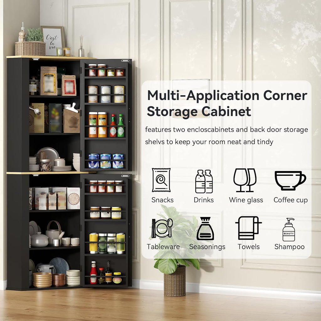 Gyfimoie Corner Cabinet, Freestanding Kitchen Pantry Storage Cabinet, Black