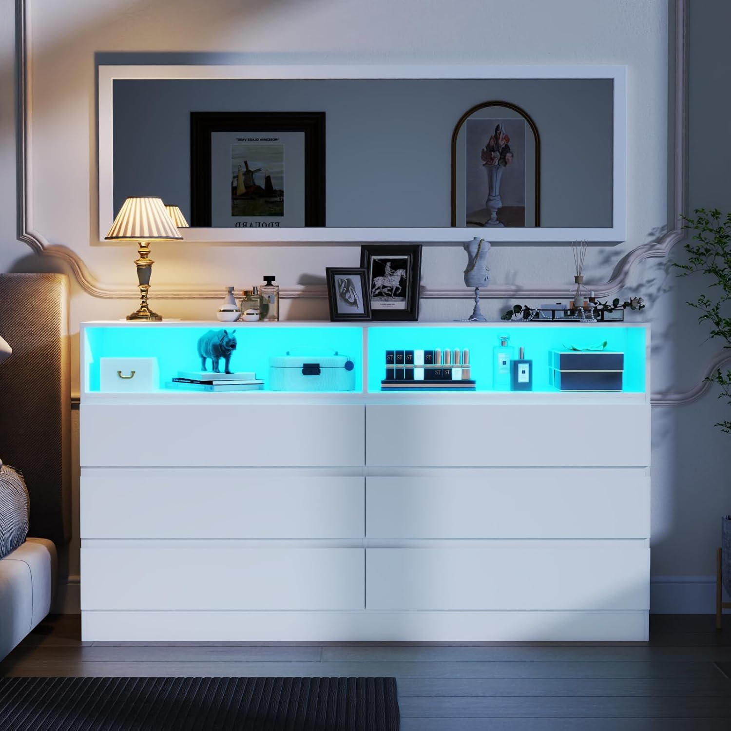 Dresser for Bedroom with Full Length Mirror 48"x16", White Storage Cabinet with Power Outlet, 6 Drawer Dresser with LED Light, Modern Dressers with Charging Station(White)