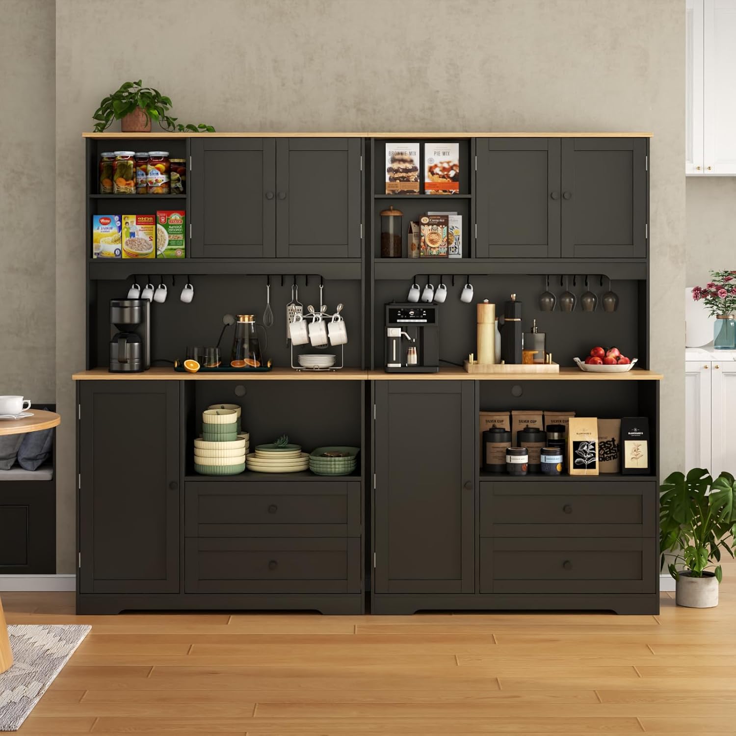Kitchen Pantry Storage Cabinet,Freestanding Buffet Cabinet with Wine Glass Holder and 2 drawers,Food Pantry with Doors and Shelves,Tall Kitchen Hutch with Microwave Stand for Kitchens (Black)