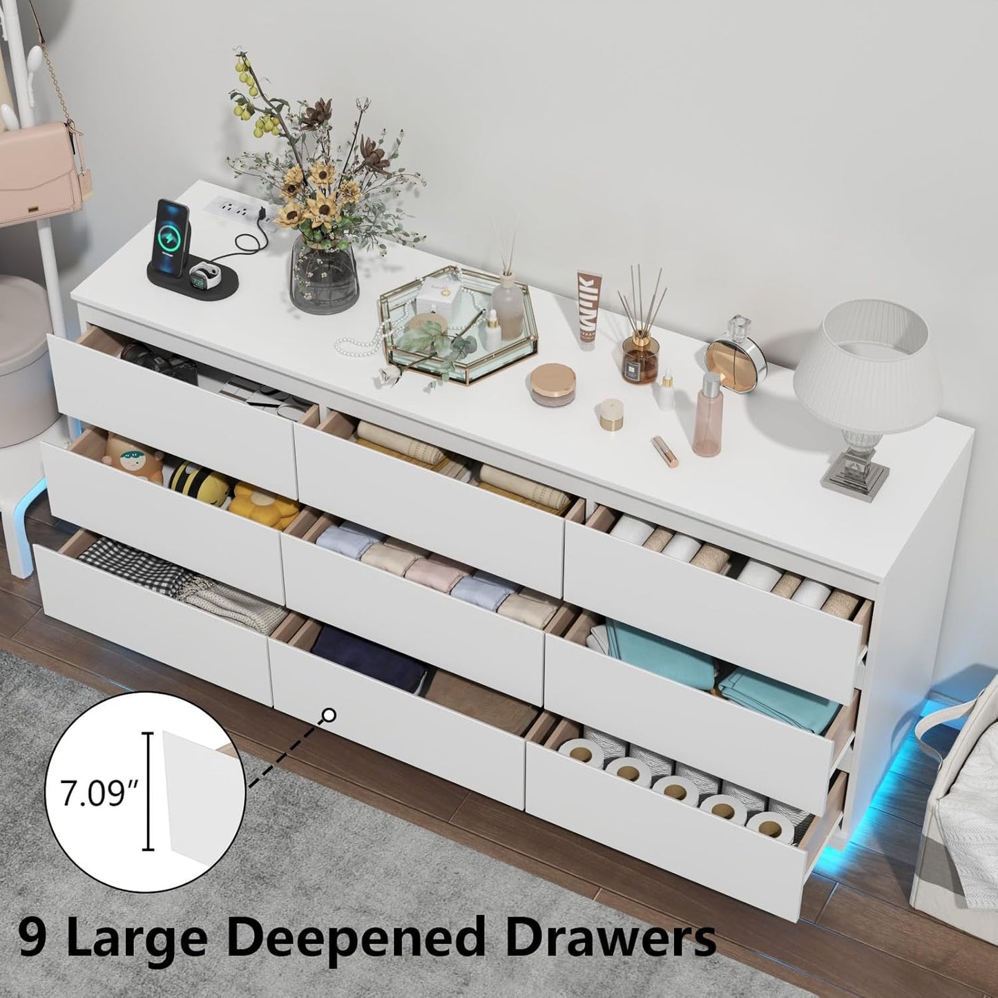 9 Drawer Dresser with Power Outlet and LED Lighting, Floating White Dresser Chest of Drawers, The Modern Organizer for Bedroom & Living Room (White)
