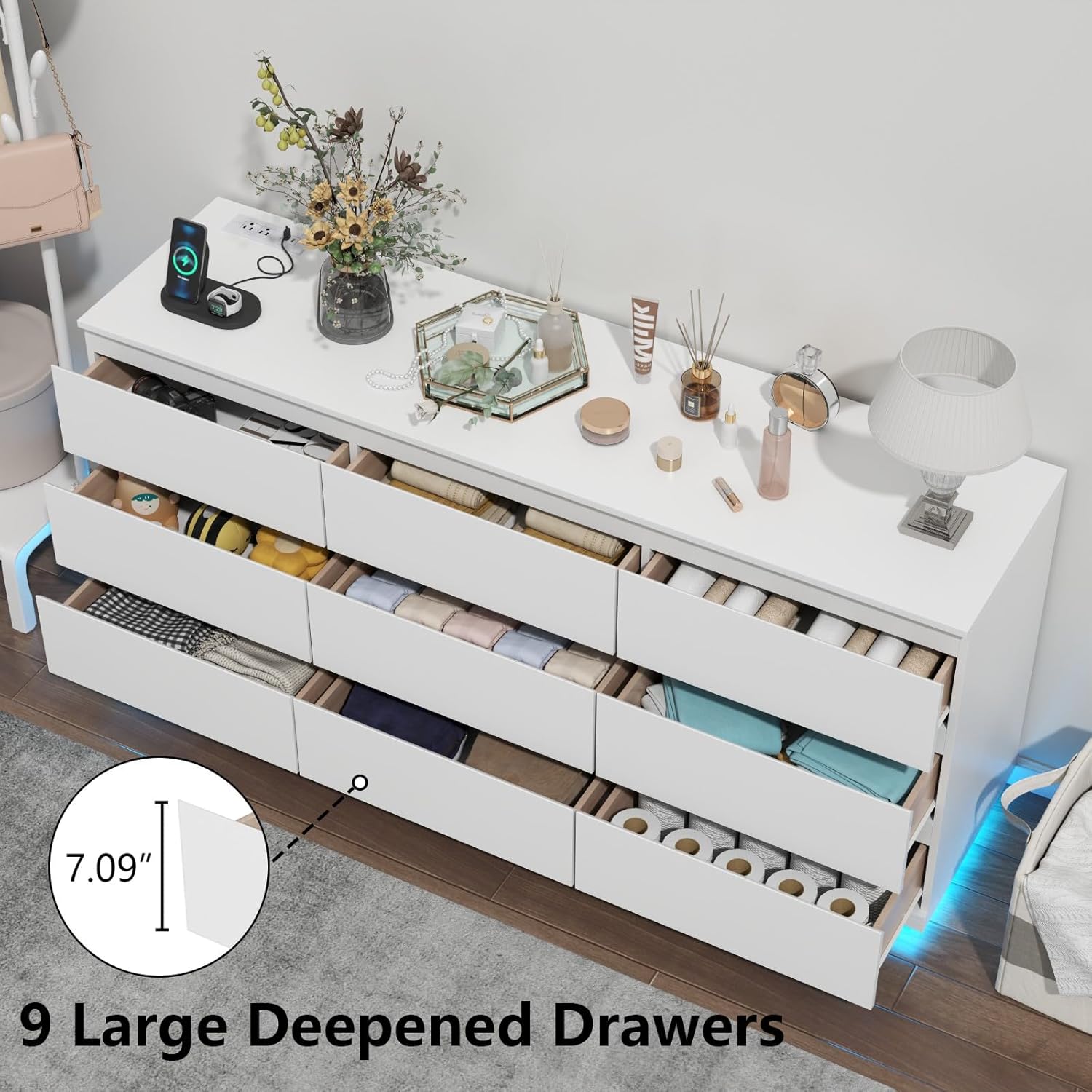 9 Drawer Dresser with Power Outlet and LED Lighting, Floating White Dresser Chest of Drawers, The Modern Organizer for Bedroom & Living Room (White)