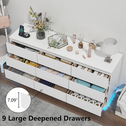 9 Drawer Dresser with Power Outlet and LED Lighting, Floating White Dresser Chest of Drawers, The Modern Organizer for Bedroom & Living Room (White)