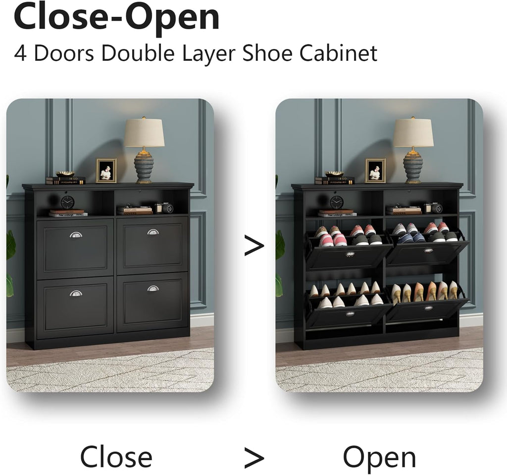 Shoe Cabinet with 4 Flip Drawers, Shoe Storage Cabinet for Entryway, Freestanding Hidden Shoe Cabinet Organizer with Open Storage, Slim Narrow Shoe Rack Cabinet (Black)