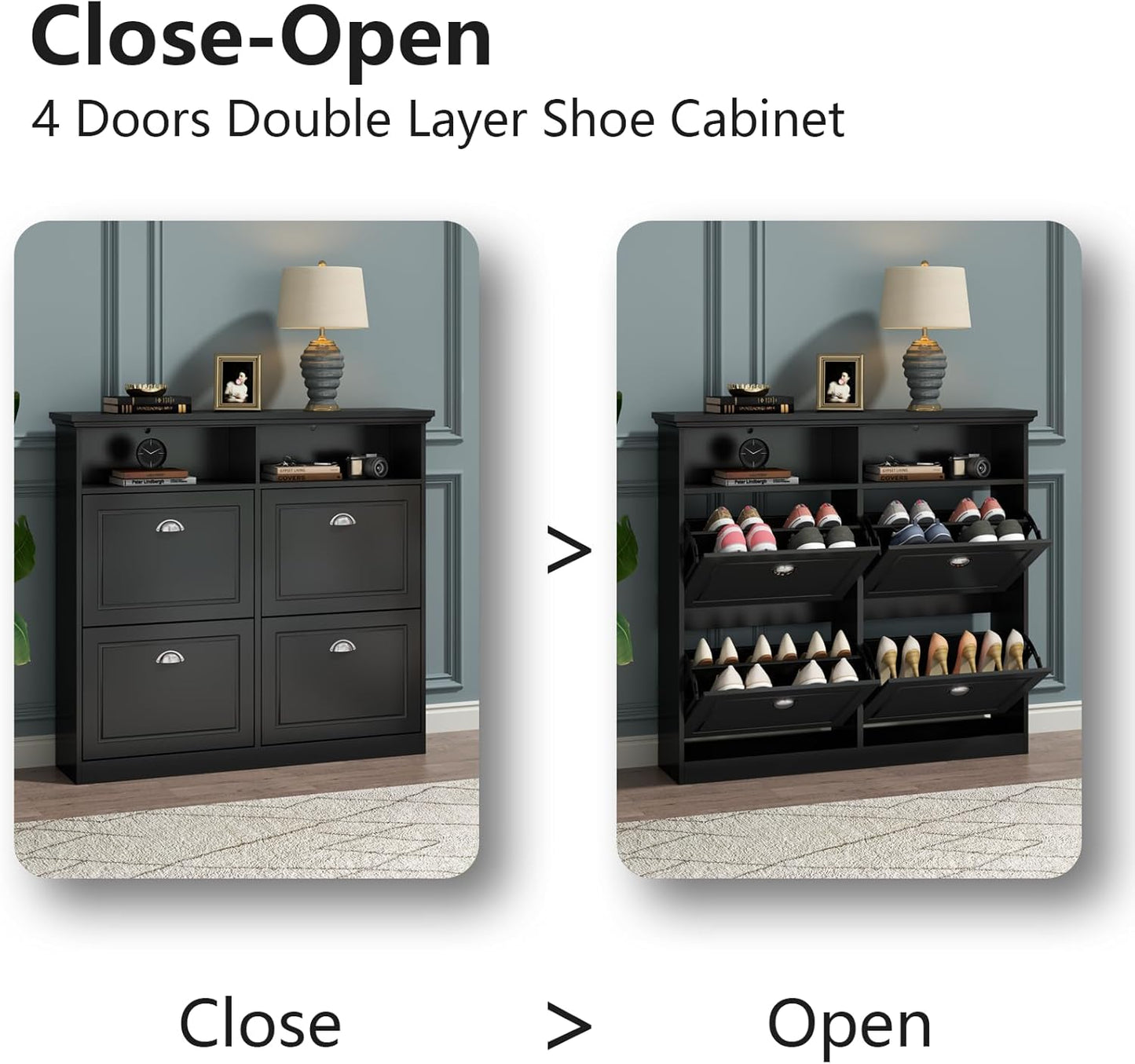 Shoe Cabinet with 4 Flip Drawers, Shoe Storage Cabinet for Entryway, Freestanding Hidden Shoe Cabinet Organizer with Open Storage, Slim Narrow Shoe Rack Cabinet (Black)